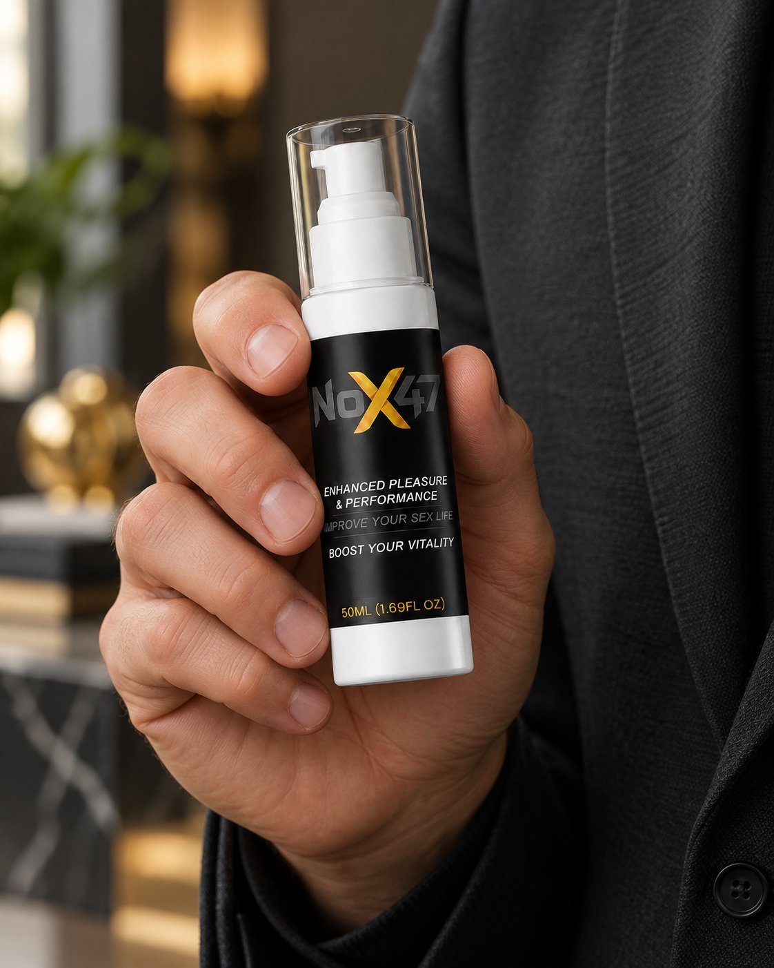 Compact NOX47 bottle shown in an adult man's hand