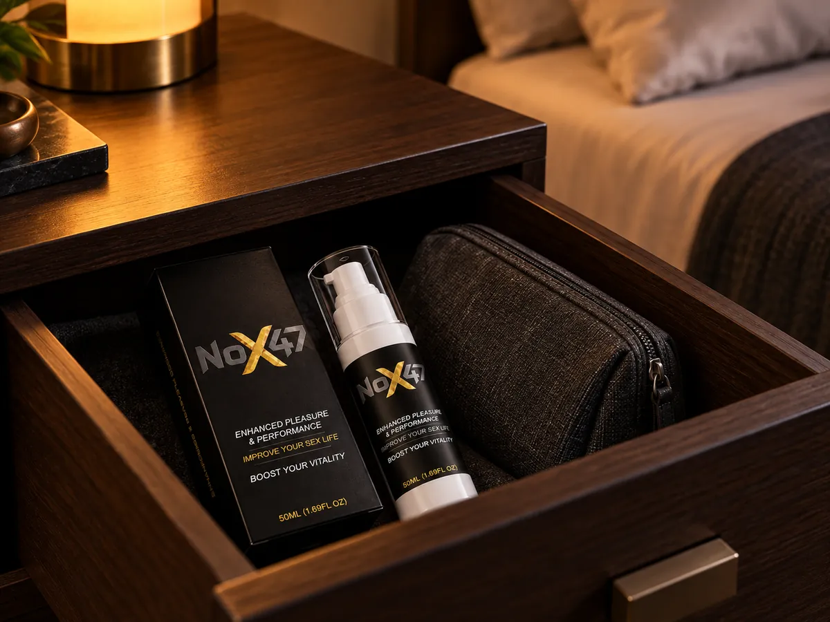 NOX47 bottle and box stored discreetly inside a nightstand drawer