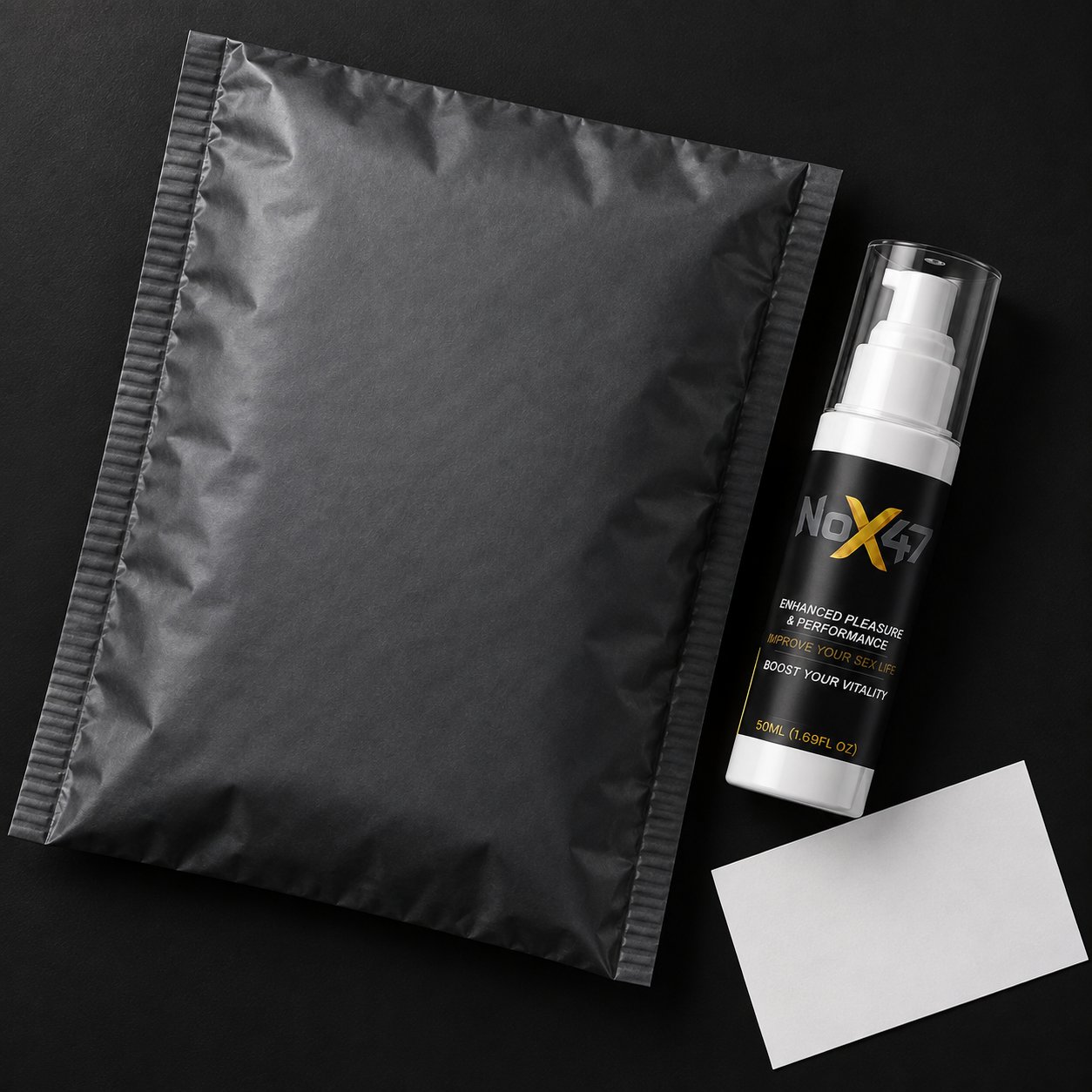 Plain charcoal padded mailer beside the NOX47 bottle
